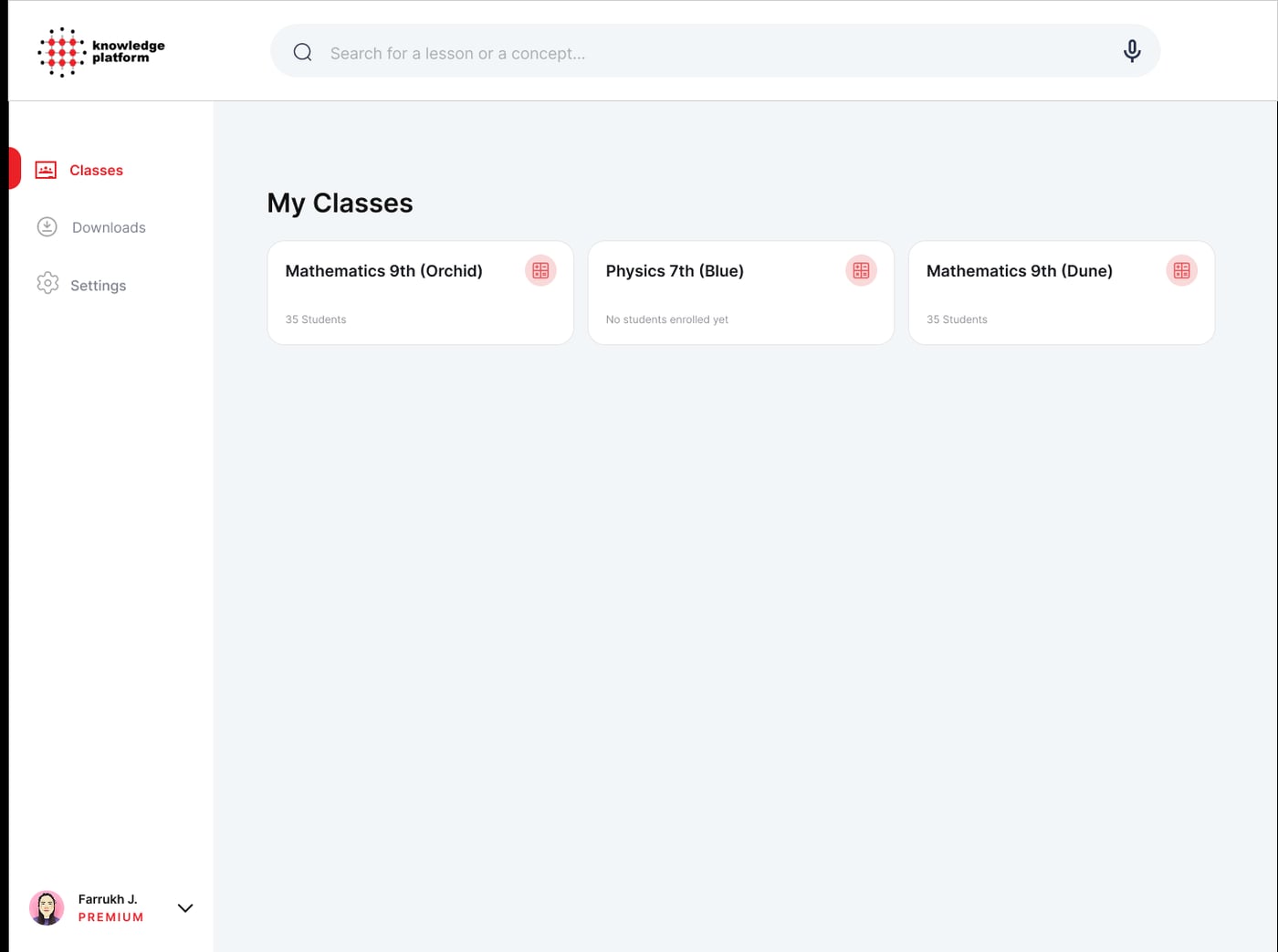 A teacher's class list inside the offline desktop app. Three class cards — Mathematics 9th, Physics 7th, Mathematics 9th again — with student counts. Sidebar shows Classes, Downloads, Settings